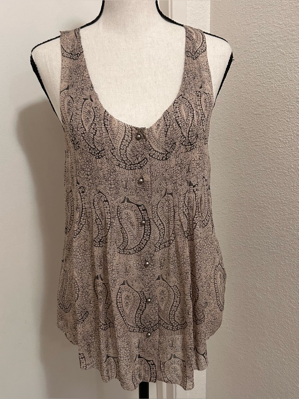 ELIOT 100% Silk Paisley Print Tank Top Gray Taupe Metallic Button Cami Boho XS